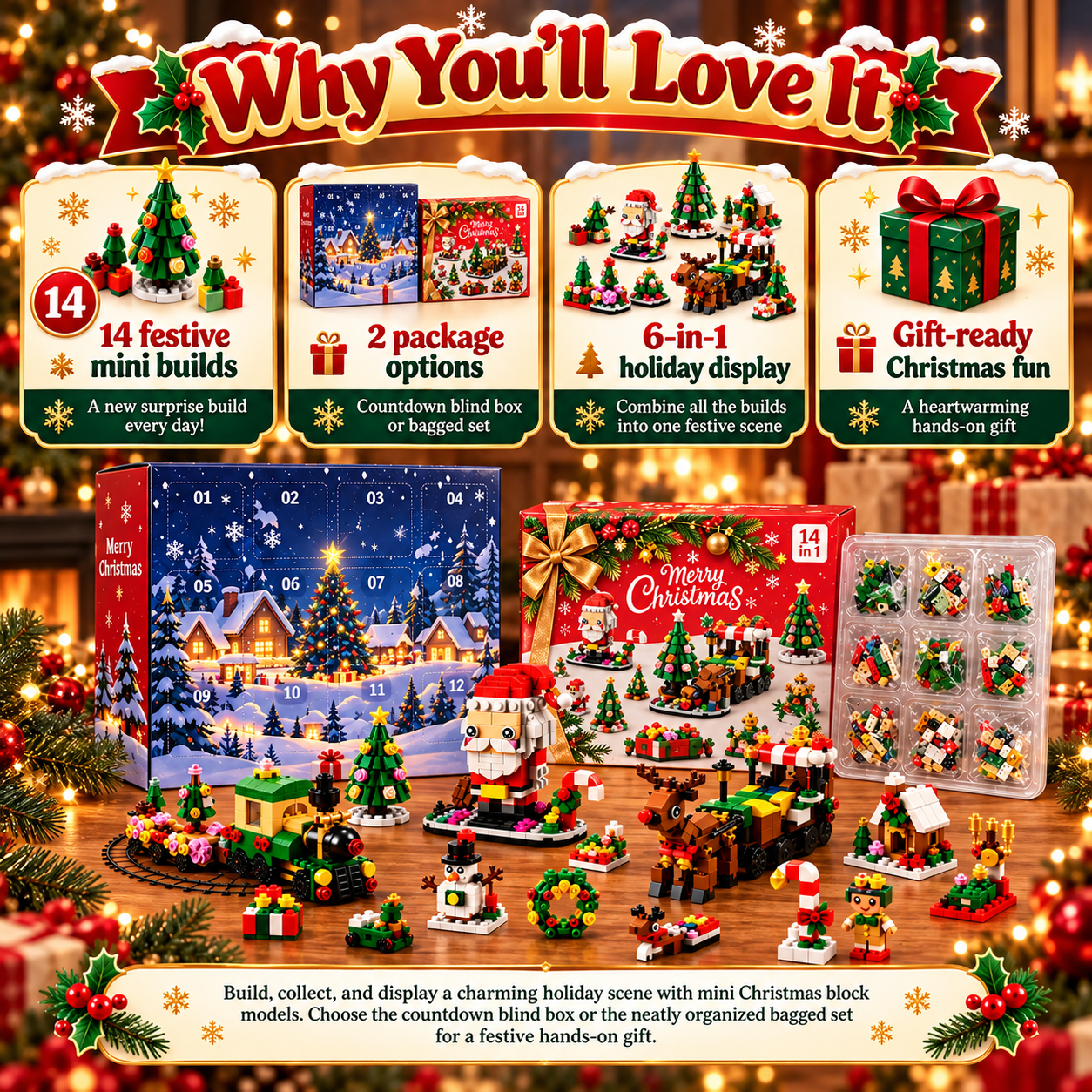 Christmas Building Block Blind Box, 14 Mini Builds & 6-in-1 Holiday Display Set
