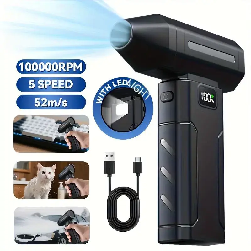 Handheld Cordless Electric Dust Cleaner - 6 Adjustable Speed Gears, Turbo Fan, Fast Charging, Portable Gray Specialty Power Tool, Includes Batteries, for Computer Keyboard, Outdoor Cleaning