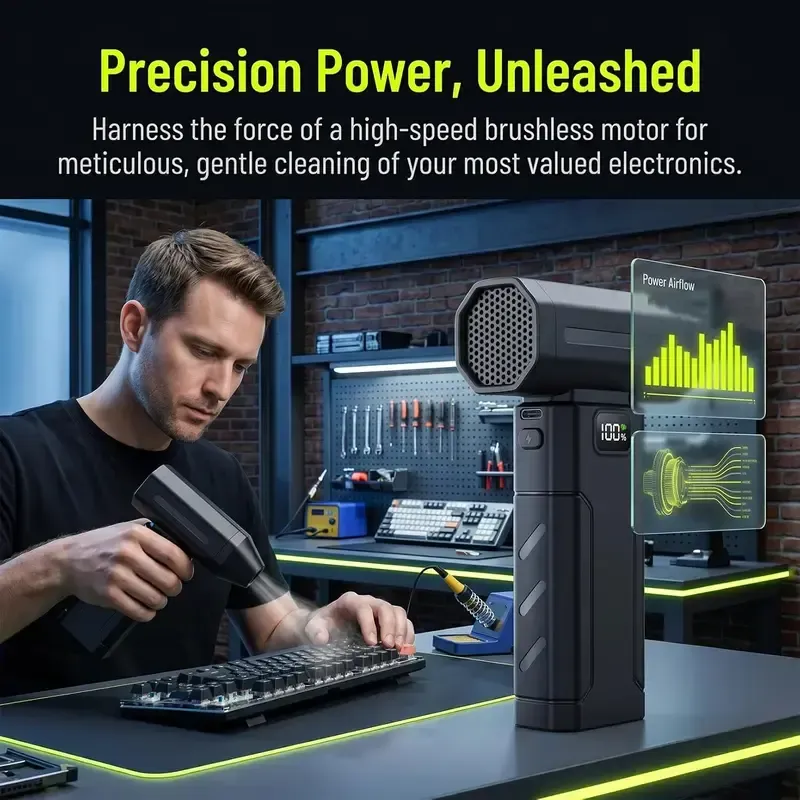 Handheld Cordless Electric Dust Cleaner - 6 Adjustable Speed Gears, Turbo Fan, Fast Charging, Portable Gray Specialty Power Tool, Includes Batteries, for Computer Keyboard, Outdoor Cleaning