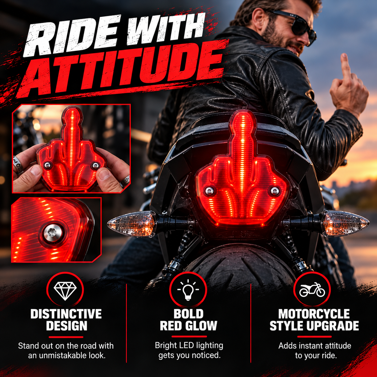 Middle Finger Motorcycle Rear Accent Light – Bold Red Design