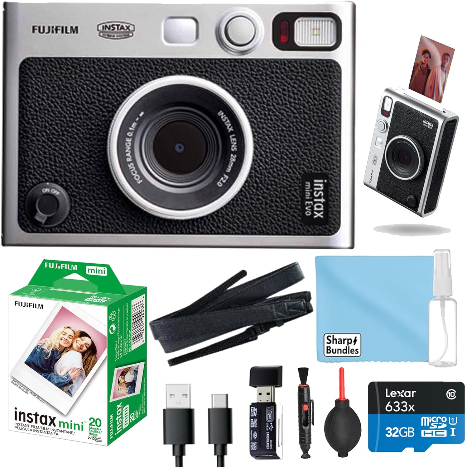 Fujifilm Instant Mini EVO Hybrid Premium Camera Bundle with 20 Instant Film Sheets + 32GB Memory Card + SD Card Reader + Cleaning Cloth (Black)