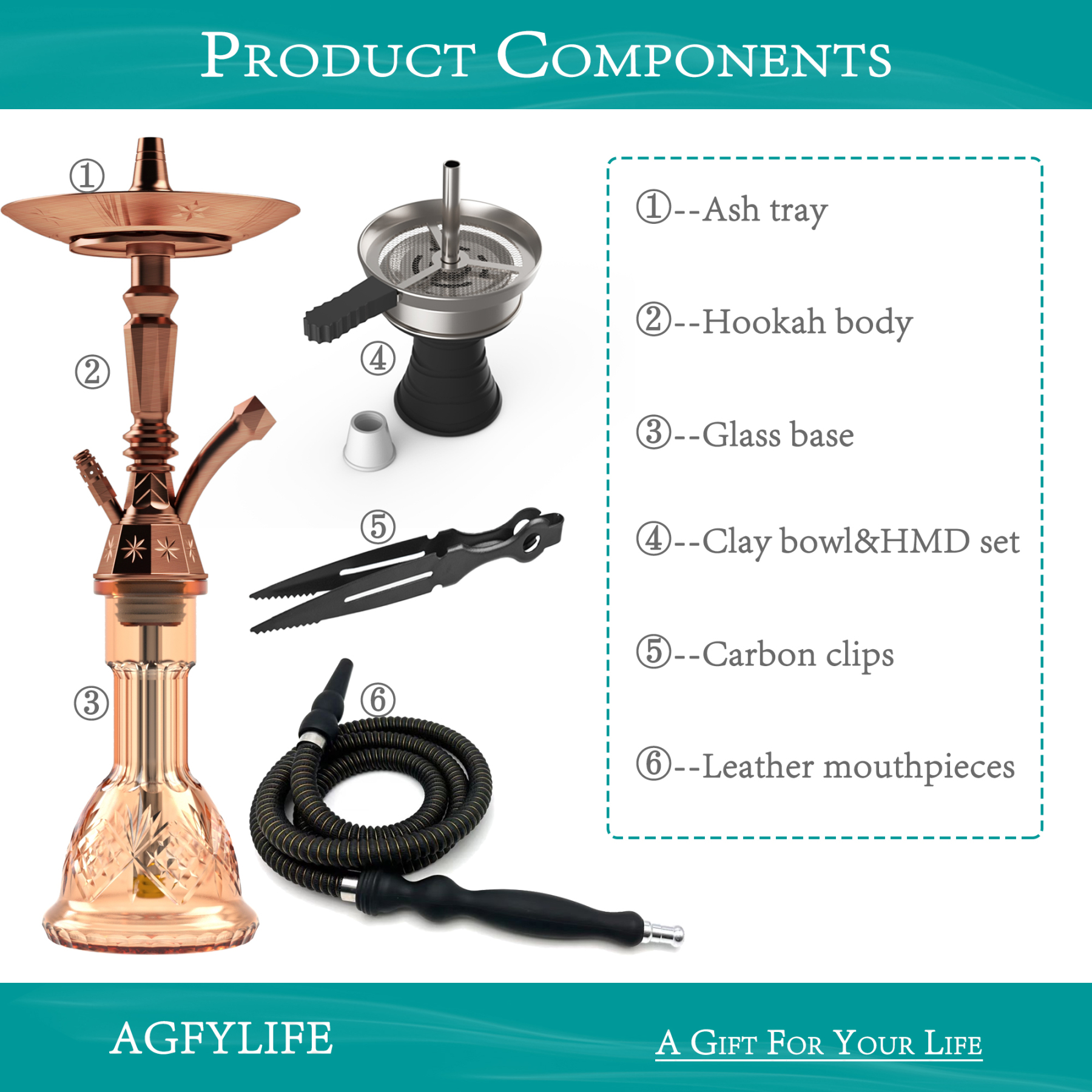 AGFYLIFE® Hookah Set 25" Egyptian Style Hookah Complete Set, Antique Bronze