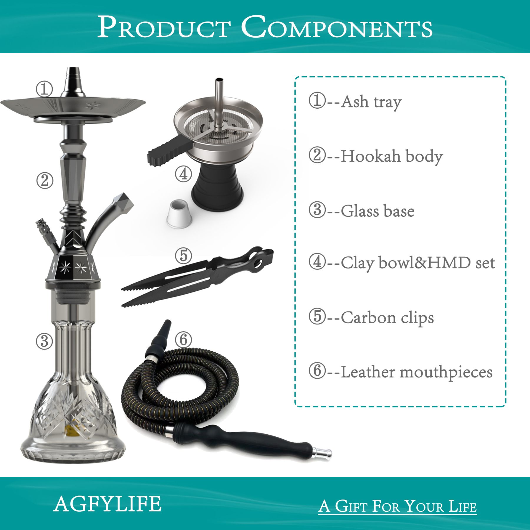 AGFYLIFE® Hookah Set 25" Egyptian Style Hookah Complete Set, Electroplated Black