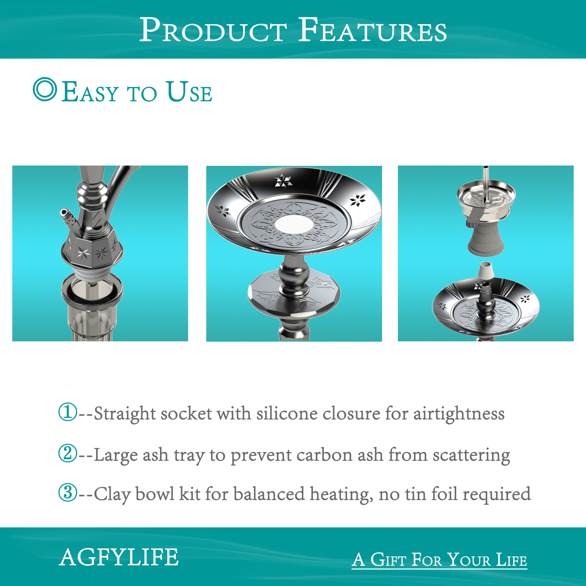 AGFYLIFE® Hookah Set 25" Egyptian Style Hookah Complete Set, Electroplated Black