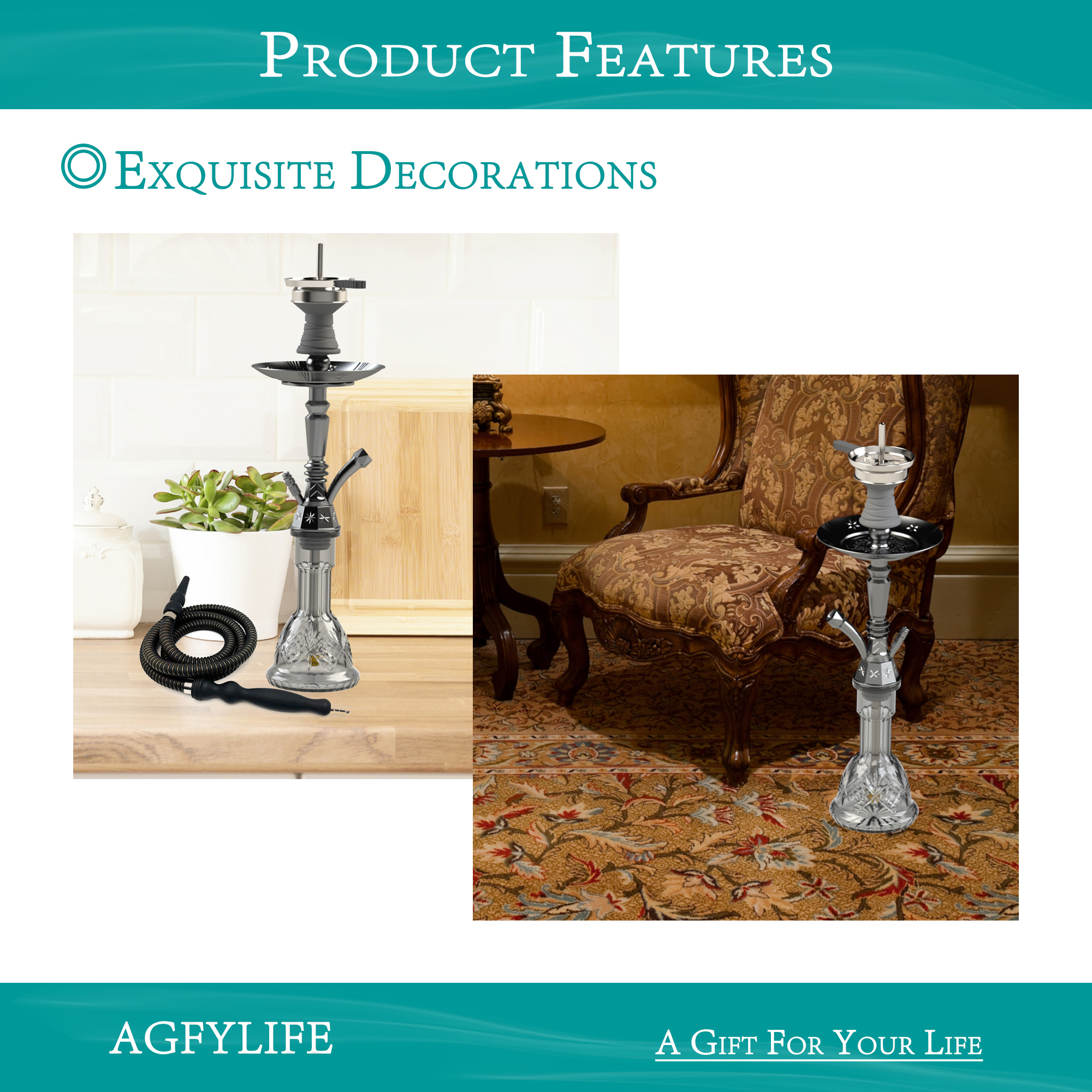 AGFYLIFE® Hookah Set 25" Egyptian Style Hookah Complete Set, Electroplated Black