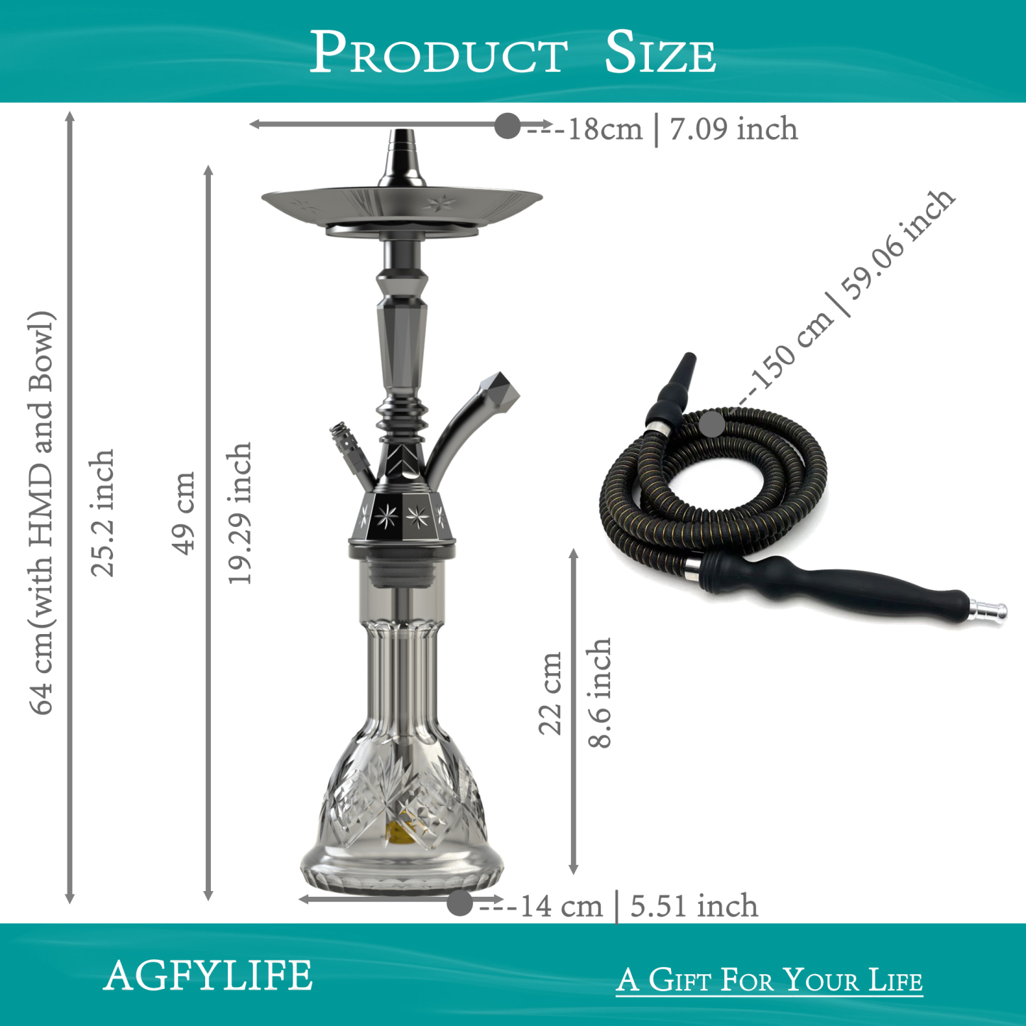 AGFYLIFE® Hookah Set 25" Egyptian Style Hookah Complete Set, Electroplated Black