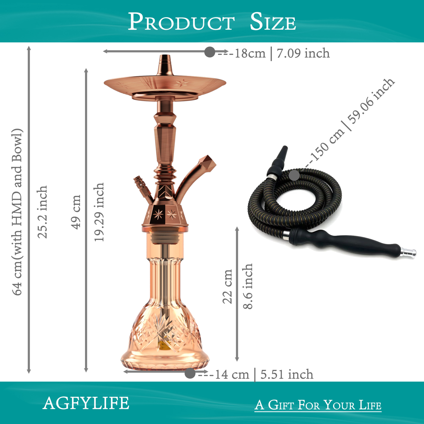 AGFYLIFE® Hookah Set 25" Egyptian Style Hookah Complete Set, Antique Bronze