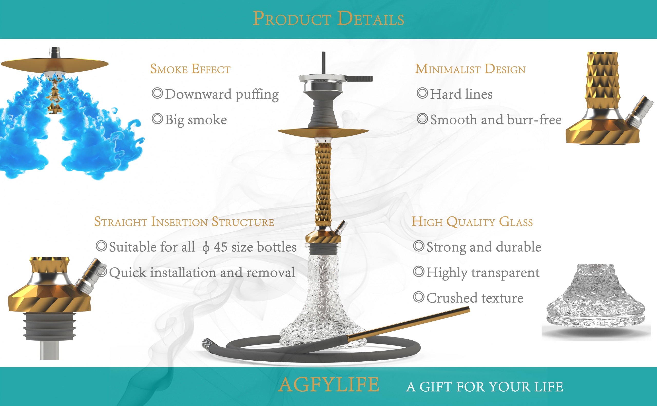 AGFYLIFE® Hookah Set with Everything - 22" Aluminum Glass Premium Shisha Hookah Complete Set, Gold