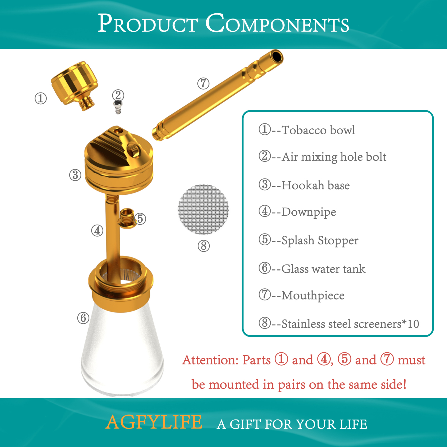 AGFYLIFE® Portable Hookah Set for Travel Advanced, Gold