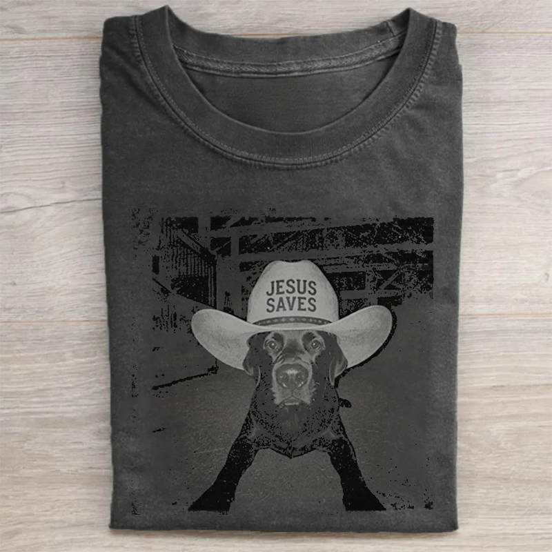 Jesus Save Black Labrador Western Cowboy T-shirt