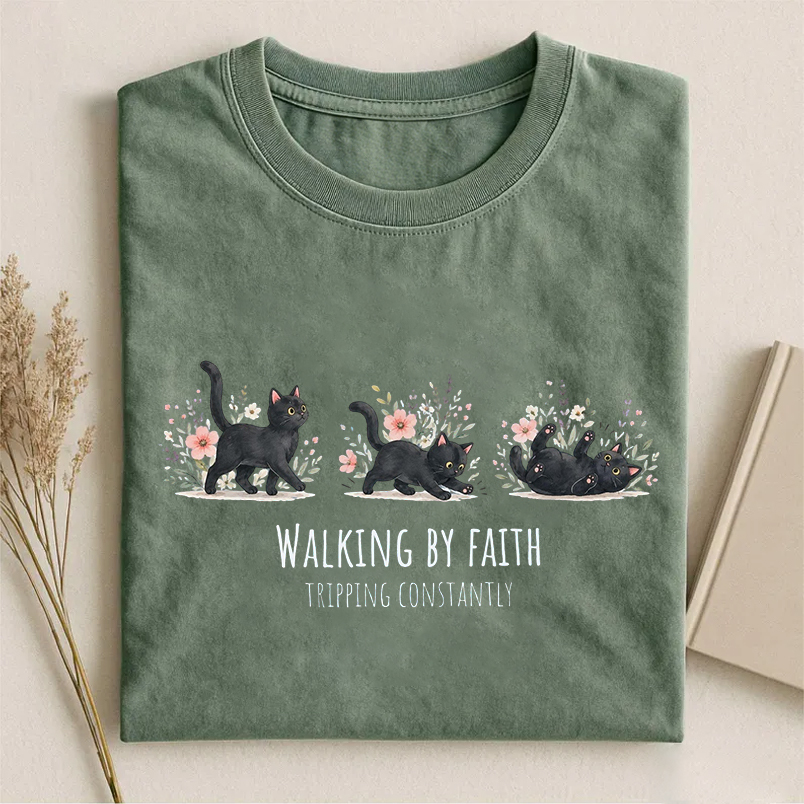 Walking By Faith Tripping Constantly Cat T-shirt