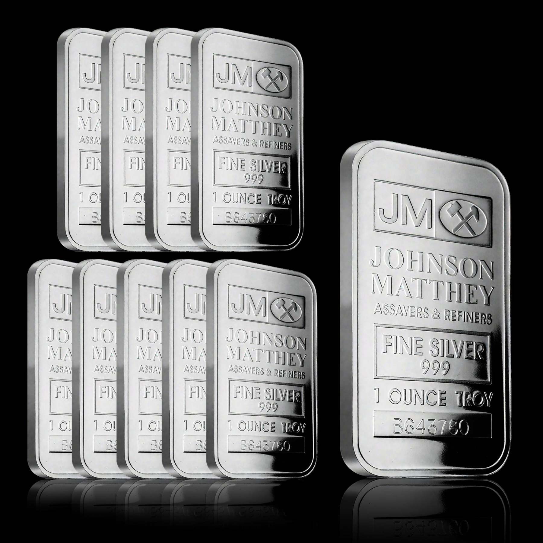 【LOT OF 10 】 1 oz Johnson Matthey Silver Bars .999 Fine Silver | 1 Troy Ounce