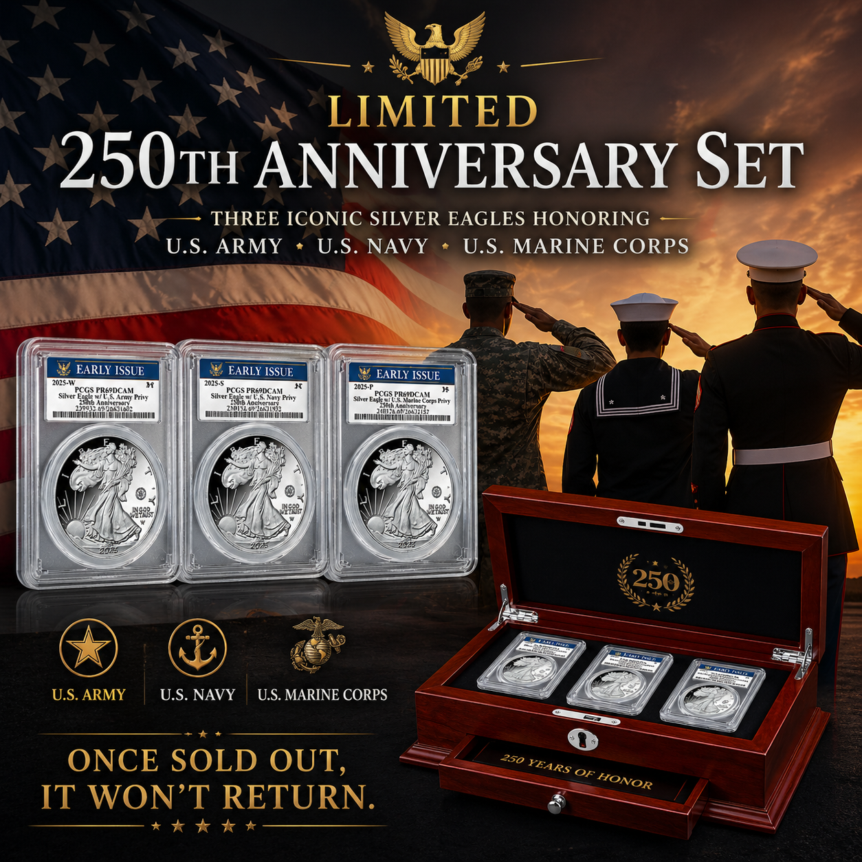 250th Anniversary United States Military American Eagle One Ounce Silver Proof Coin