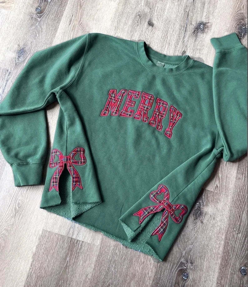 Trendy Merry Side Bow Cut-Out Sweatshirt - Cozy Plaid Christmas Pullover for Women-Claire Custom