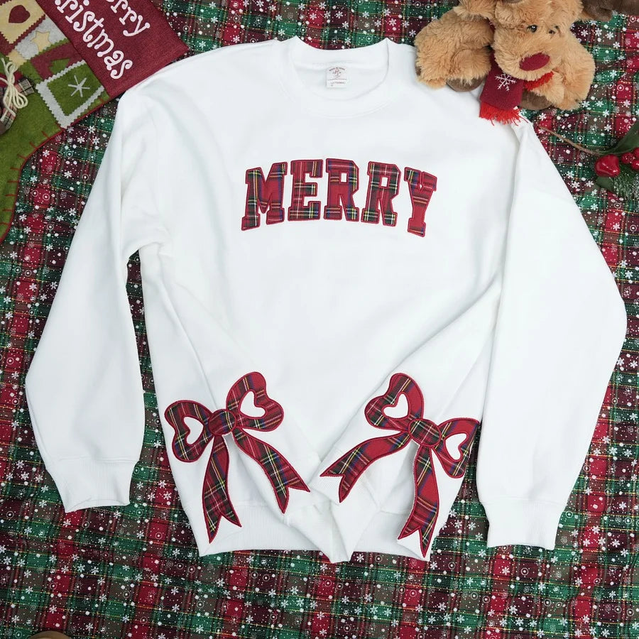 Trendy Merry Side Bow Cut-Out Sweatshirt - Cozy Plaid Christmas Pullover for Women-Claire Custom