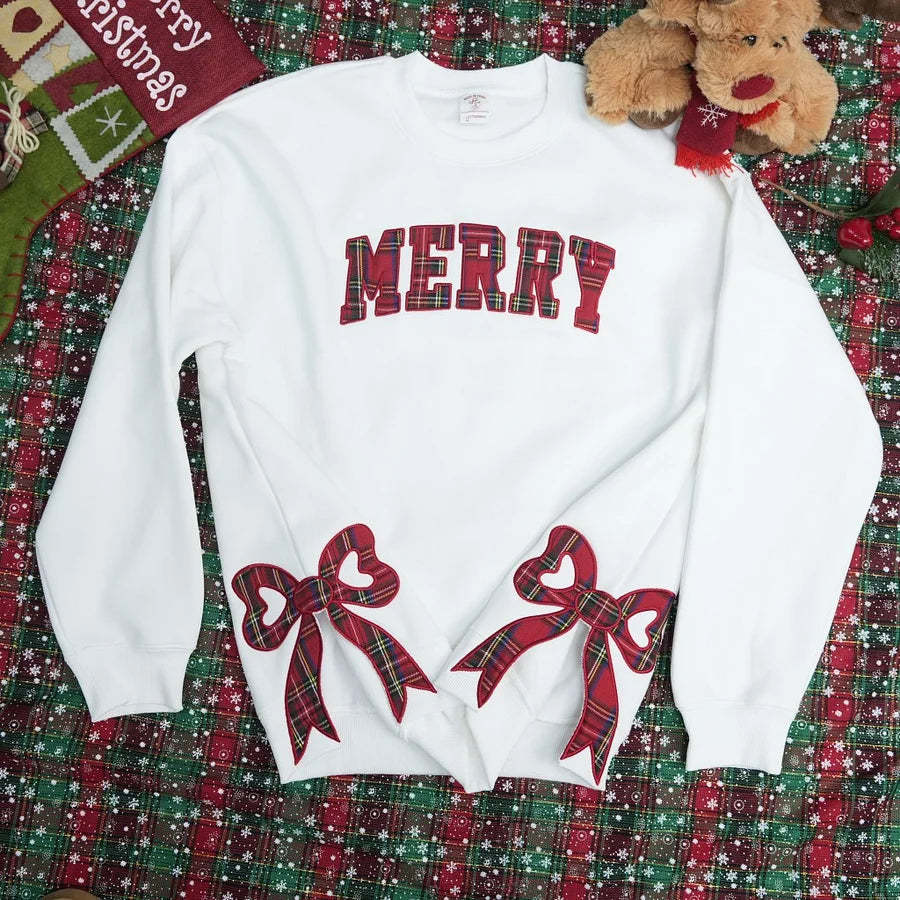 Trendy Merry Side Bow Cut-Out Sweatshirt - Cozy Plaid Christmas Pullover for Women-Claire Custom