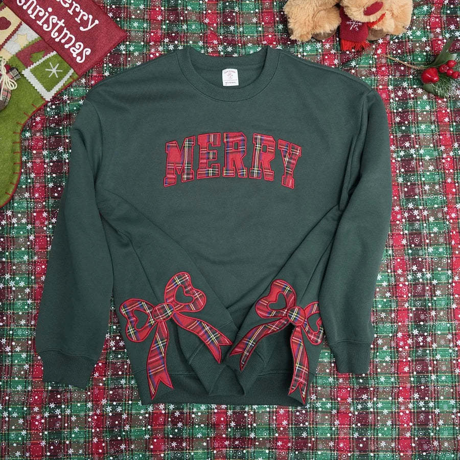 Trendy Merry Side Bow Cut-Out Sweatshirt - Cozy Plaid Christmas Pullover for Women-Claire Custom
