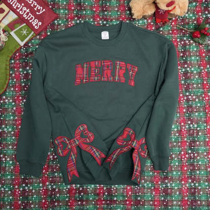 Trendy Merry Side Bow Cut-Out Sweatshirt - Cozy Plaid Christmas Pullover for Women-Claire Custom