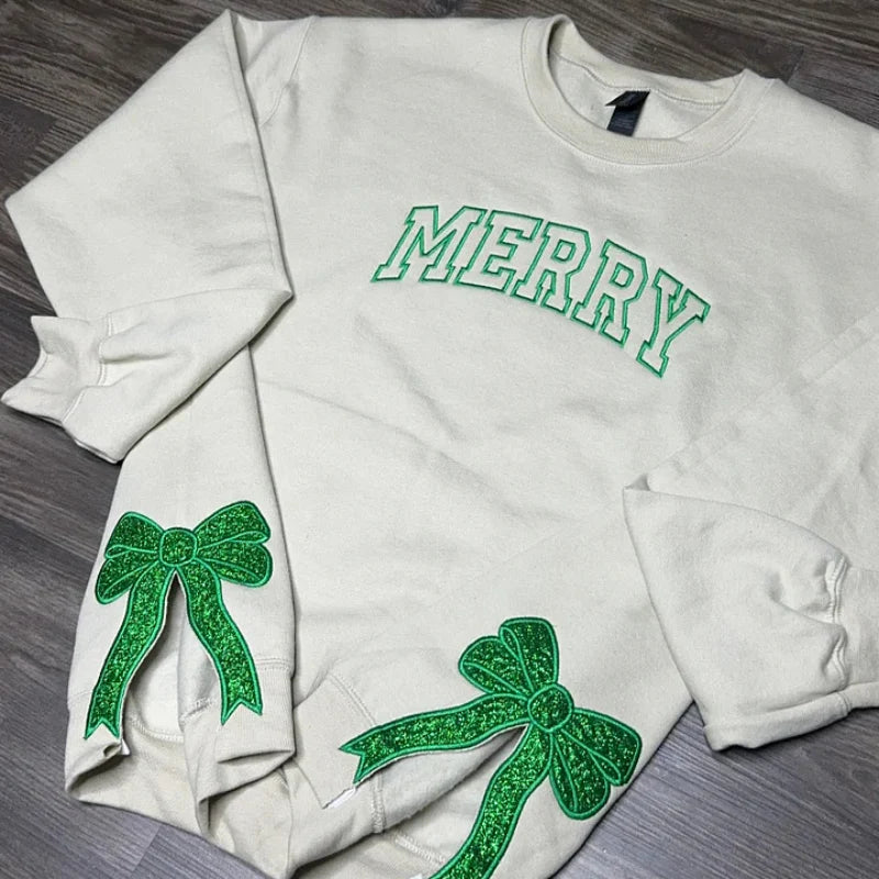 Personalized Green/Red Merry Christmas Bow Side Sweatshirt-Claire Custom