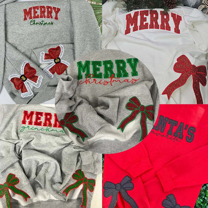 Merry Christmas Glitter Red Side Bow Sweatshirt Embroidered Sweatshirt/Hoodie/Tshirt-Claire Custom
