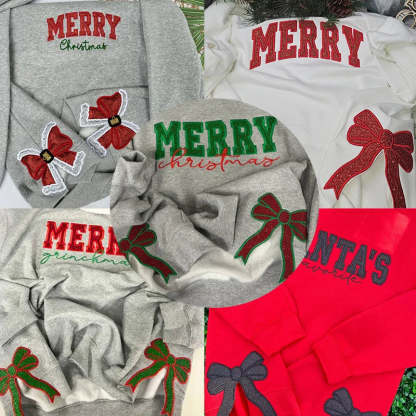 Merry Christmas Glitter Red Side Bow Sweatshirt Embroidered Sweatshirt/Hoodie/Tshirt-Claire Custom