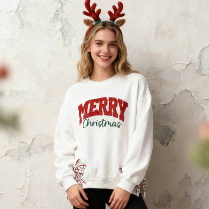 Custom Merry Christmas Glitter Sweatshirt with Bow, Holiday Outfit for Women-Claire Custom