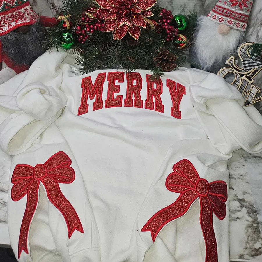 Merry Christmas Glitter Red Side Bow Sweatshirt Embroidered Sweatshirt/Hoodie/Tshirt-Claire Custom