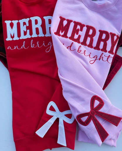 Merry Christmas Glitter Red Side Bow Sweatshirt Embroidered Sweatshirt/Hoodie/Tshirt-Claire Custom
