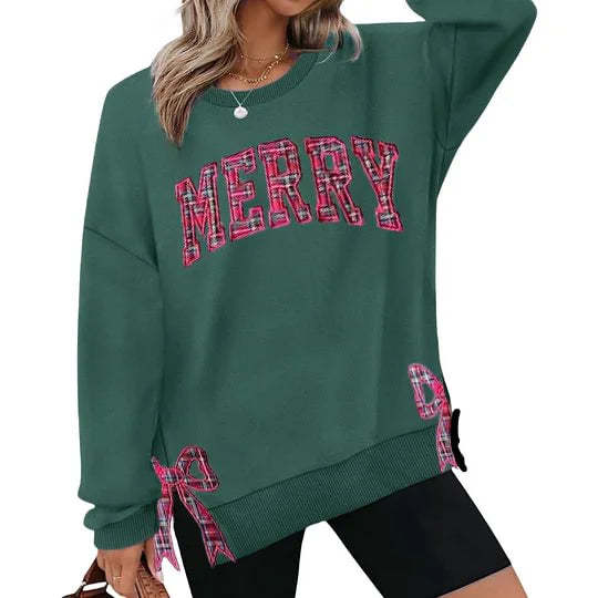 Trendy Merry Side Bow Cut-Out Sweatshirt - Cozy Plaid Christmas Pullover for Women-Claire Custom