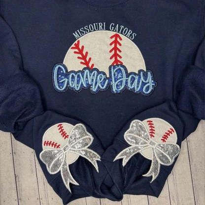 Personalized Baseball Game Day Sweatshirt with Side Bows Sequin Embroidery Pullover-Claire Custom