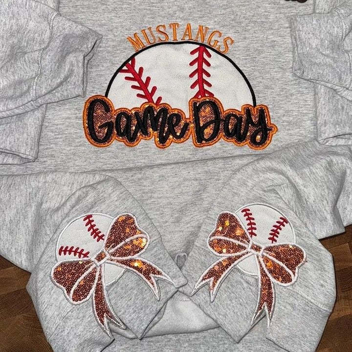 Personalized Baseball Game Day Sweatshirt with Side Bows Sequin Embroidery Pullover-Claire Custom
