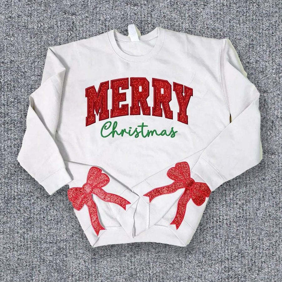 Personalized Green/Red Merry Christmas Bow Side Sweatshirt-Claire Custom