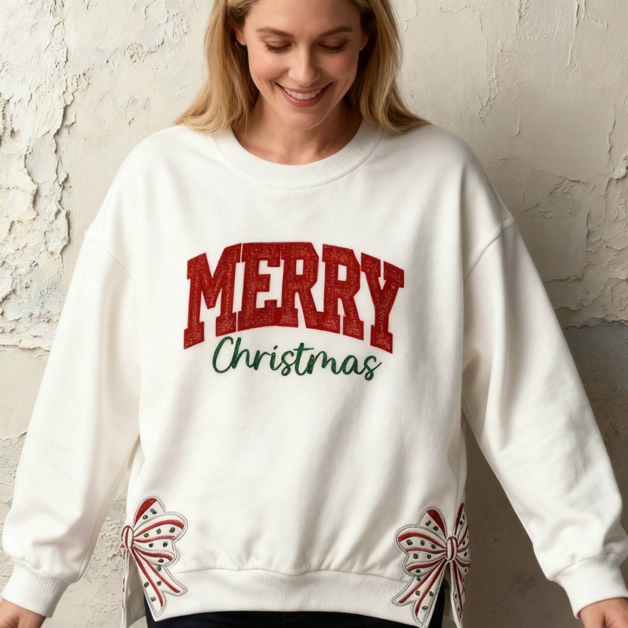Custom Merry Christmas Glitter Sweatshirt with Bow, Holiday Outfit for Women-Claire Custom