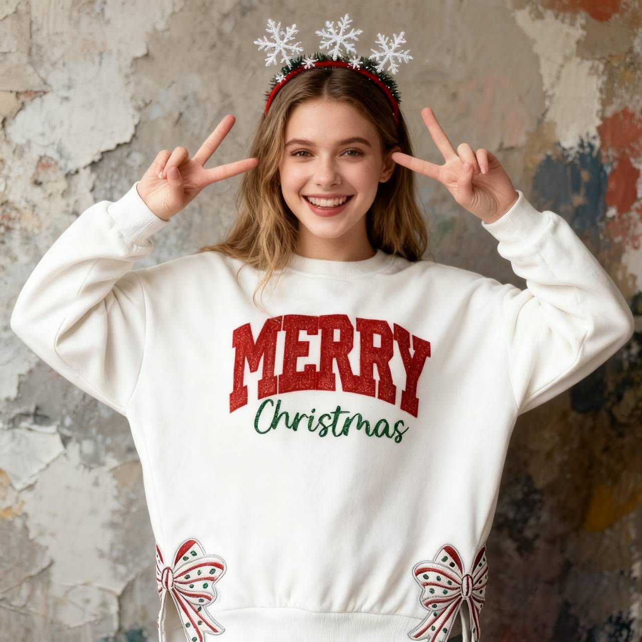 Custom Merry Christmas Glitter Sweatshirt with Bow, Holiday Outfit for Women-Claire Custom