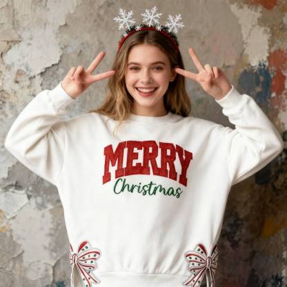 Custom Merry Christmas Glitter Sweatshirt with Bow, Holiday Outfit for Women-Claire Custom