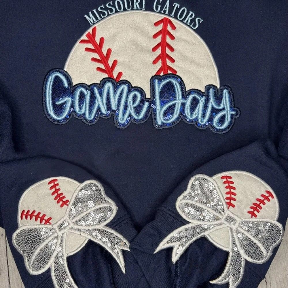 Personalized Baseball Game Day Sweatshirt with Side Bows Sequin Embroidery Pullover-Claire Custom