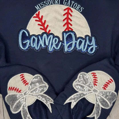 Personalized Baseball Game Day Sweatshirt with Side Bows Sequin Embroidery Pullover-Claire Custom