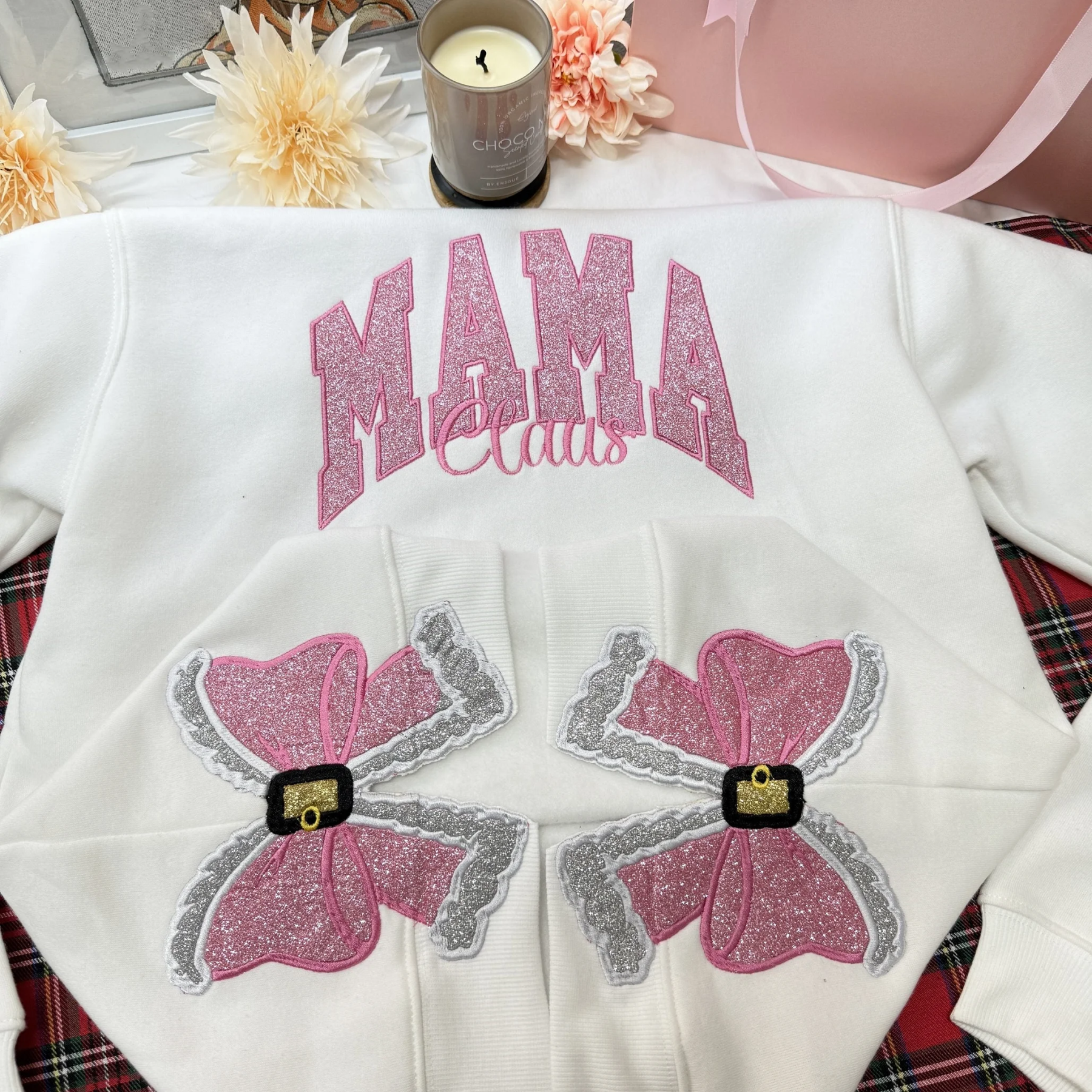 Personalized Mama Embroidered Glitter Side Bow Sweatshirt-Claire Custom