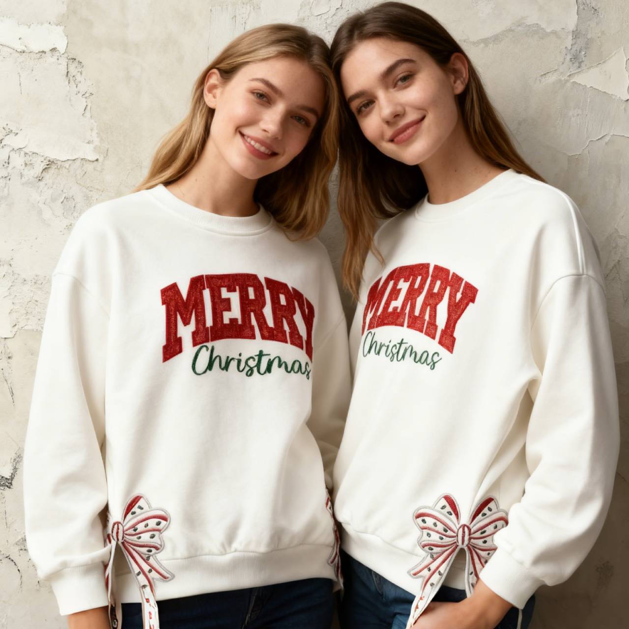 Custom Merry Christmas Glitter Sweatshirt with Bow, Holiday Outfit for Women-Claire Custom