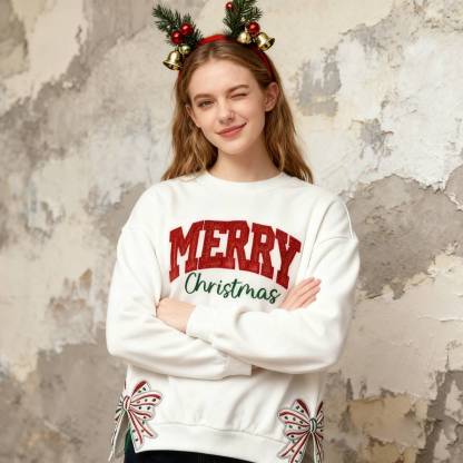 Custom Merry Christmas Glitter Sweatshirt with Bow, Holiday Outfit for Women-Claire Custom