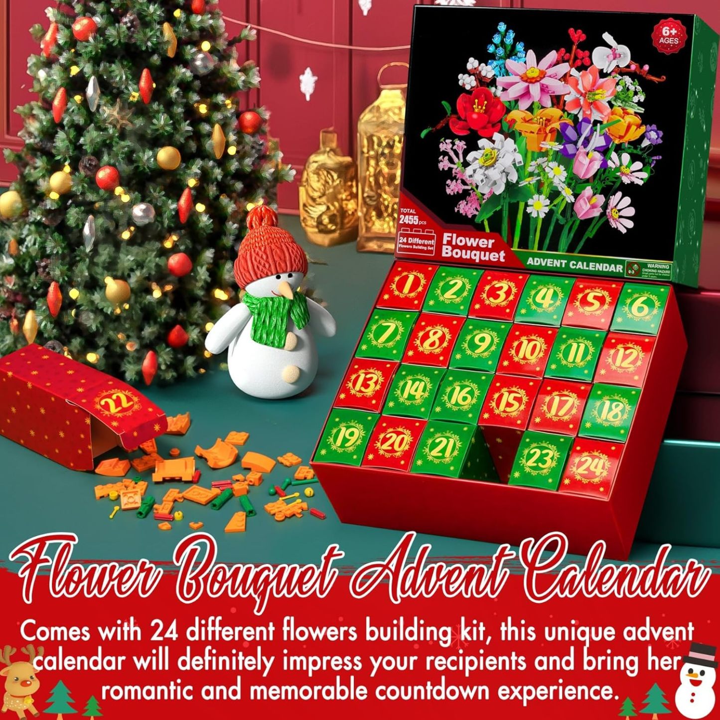 24 Days STEM Flower Bouquet Building Blocks Christmas Countdown Calendar Gifts Box-Claire Custom