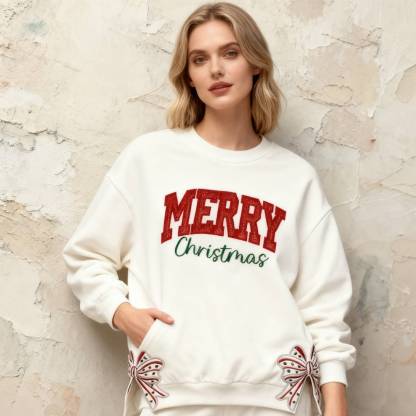 Custom Merry Christmas Glitter Sweatshirt with Bow, Holiday Outfit for Women-Claire Custom