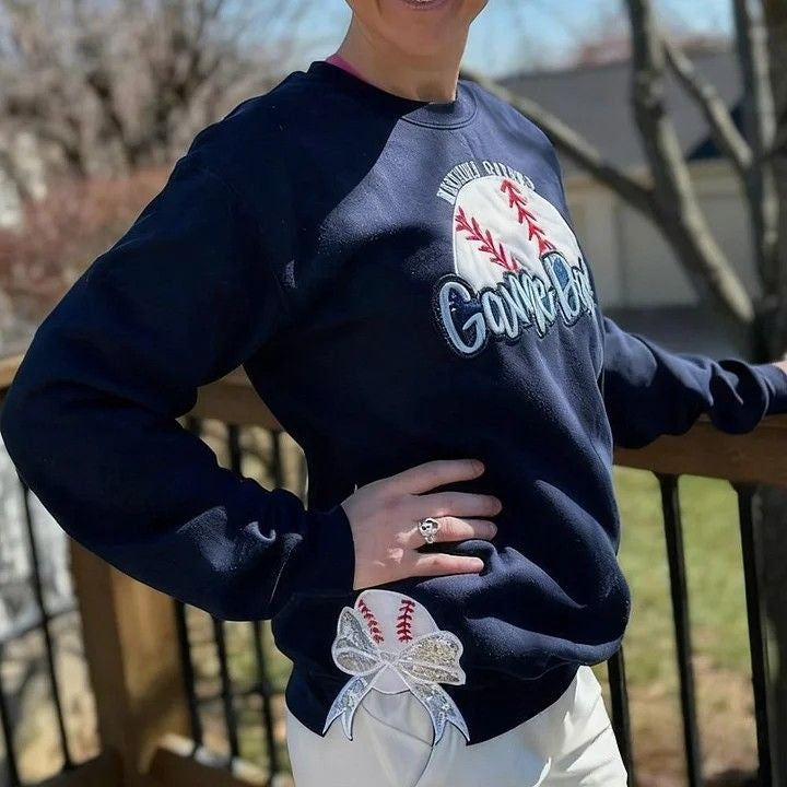 Personalized Baseball Game Day Sweatshirt with Side Bows Sequin Embroidery Pullover-Claire Custom