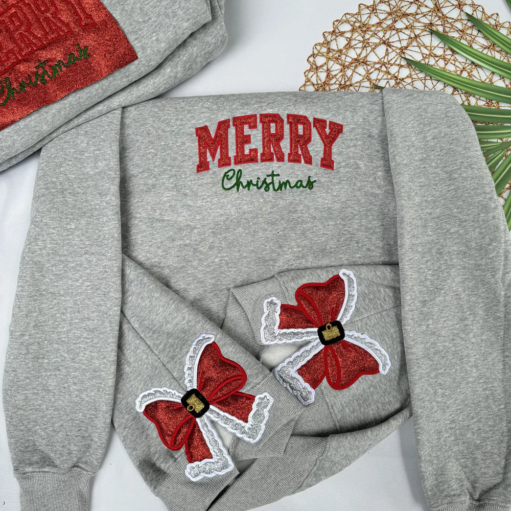 Merry Christmas Glitter Red Side Bow Sweatshirt Embroidered Sweatshirt/Hoodie/Tshirt-Claire Custom