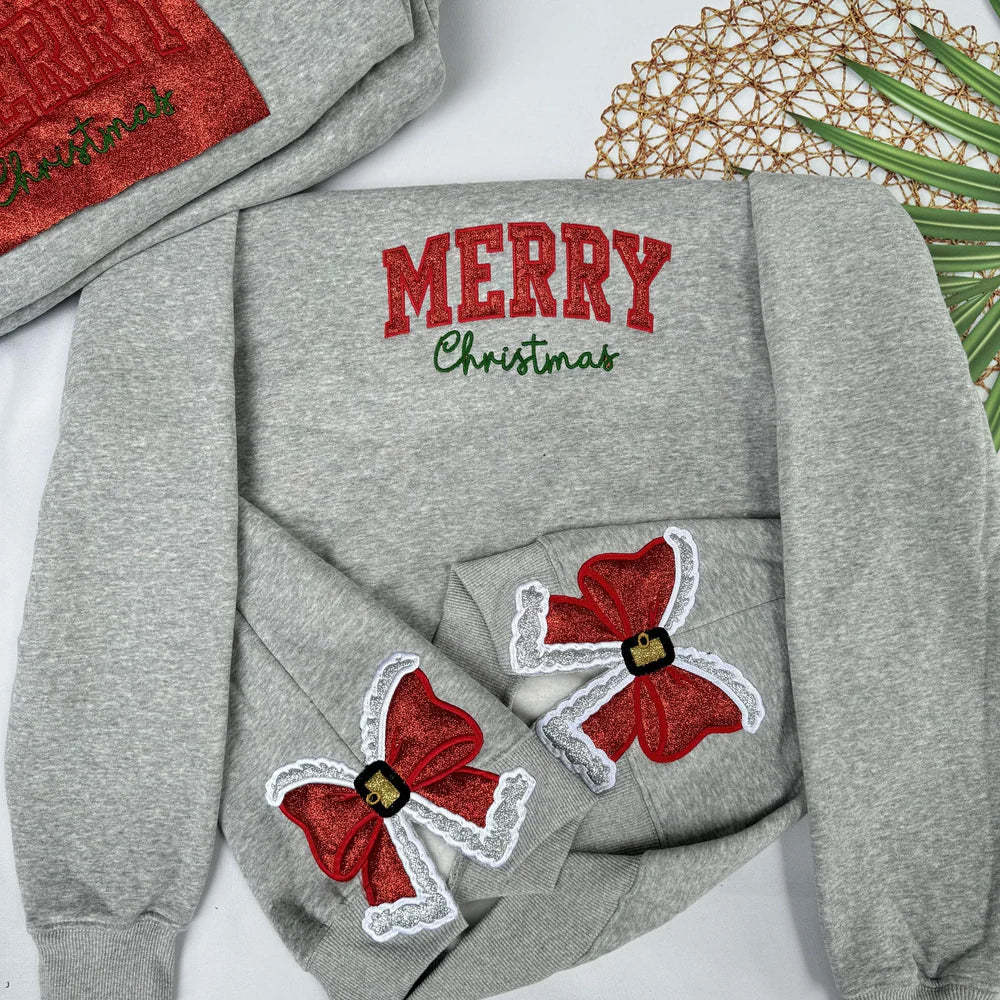 Merry Christmas Glitter Red Side Bow Sweatshirt Embroidered Sweatshirt/Hoodie/Tshirt-Claire Custom
