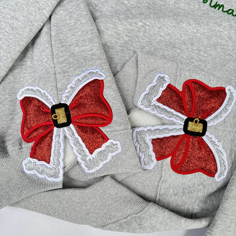 Merry Christmas Glitter Red Side Bow Sweatshirt Embroidered Sweatshirt/Hoodie/Tshirt-Claire Custom