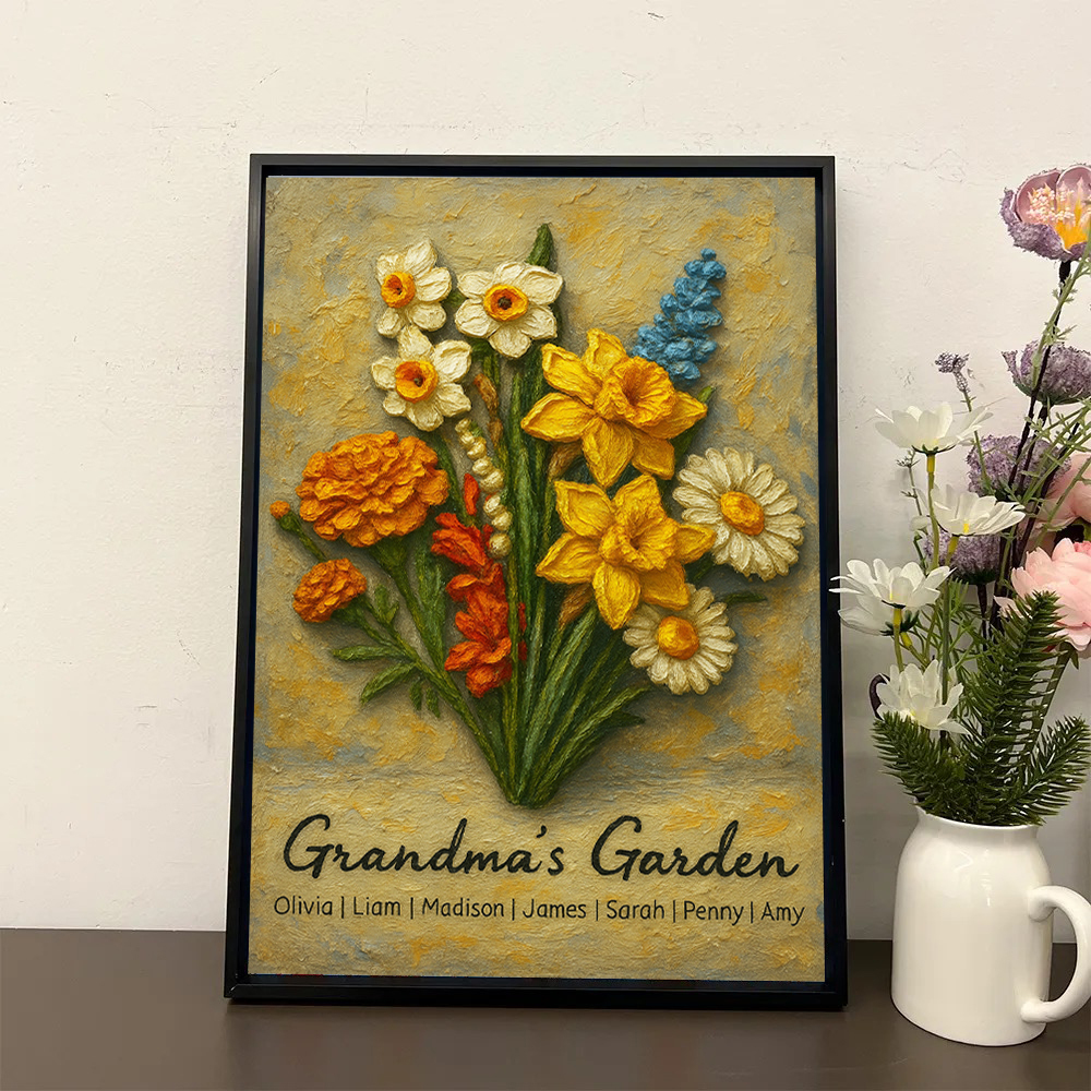 Custom Mom's Garden Birth Flower 3D Oil Painting Version Frame With Kid's Name-Claire Custom