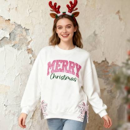 Custom Merry Christmas Glitter Sweatshirt with Bow, Holiday Outfit for Women-Claire Custom