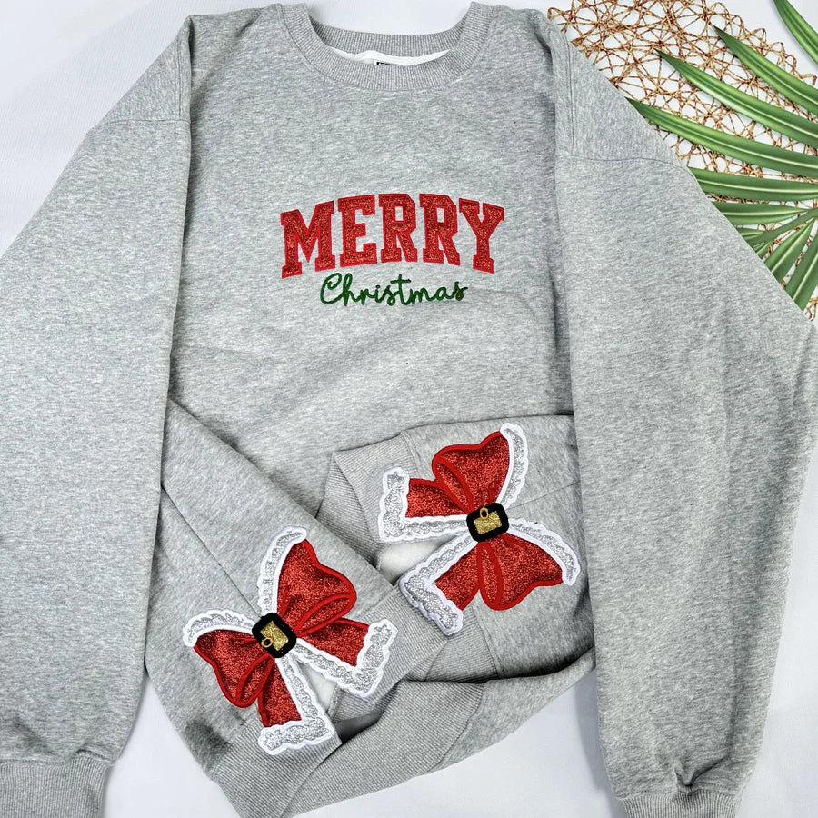 Merry Christmas Glitter Red Side Bow Sweatshirt Embroidered Sweatshirt/Hoodie/Tshirt-Claire Custom