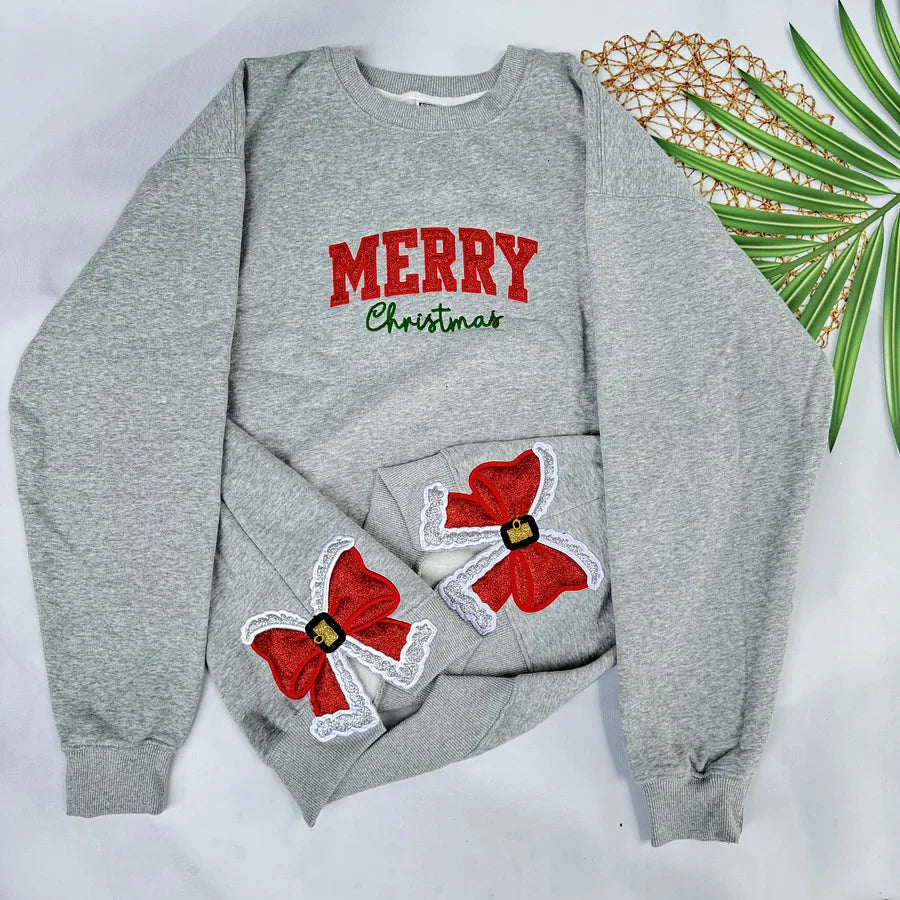 Merry Christmas Glitter Red Side Bow Sweatshirt Embroidered Sweatshirt/Hoodie/Tshirt-Claire Custom